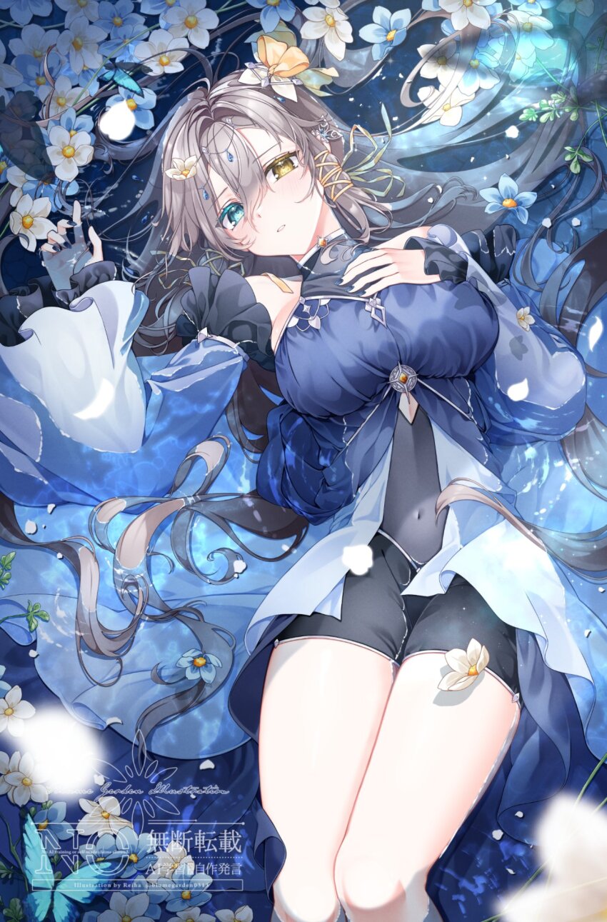 1girl, bare_shoulders, black_shorts, blue_dress, blue_eyes, blush, breasts, bug