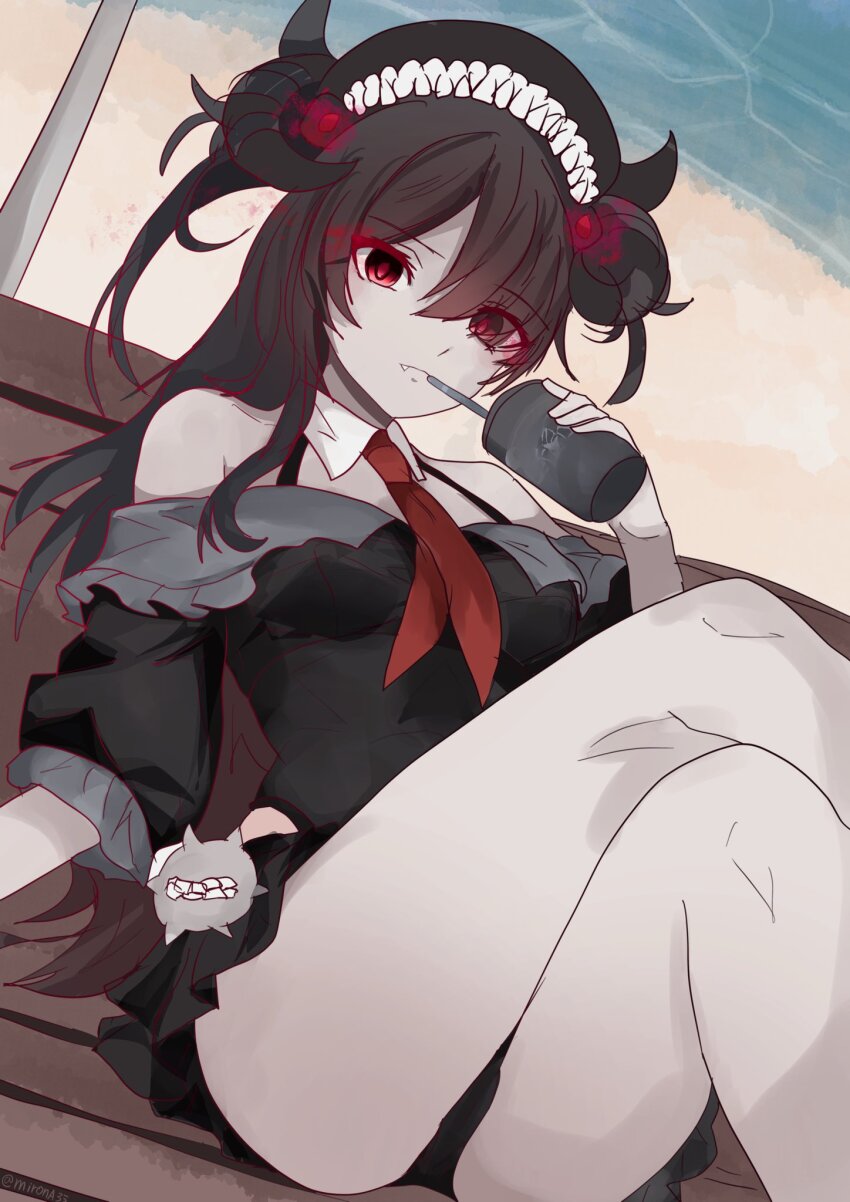 1girl, abyssal_ship, bare_shoulders, black_hair, black_panties, breasts, crossed_legs, cup