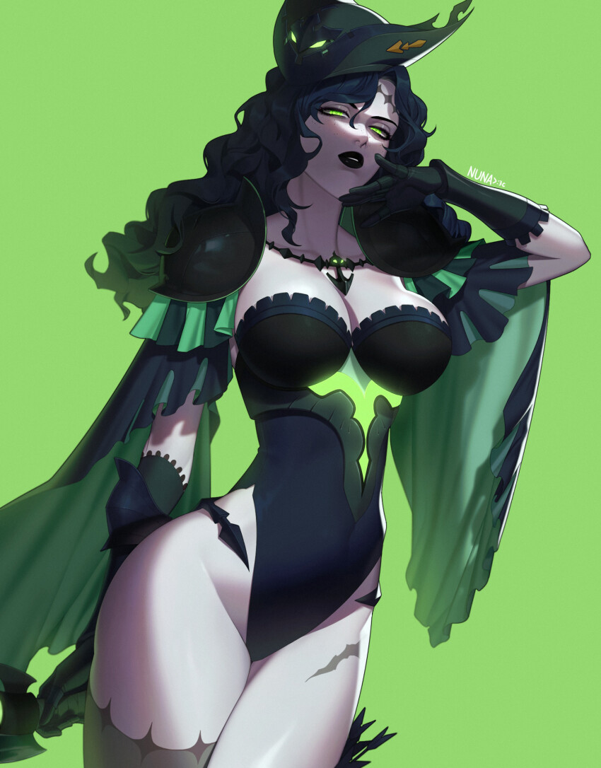 1girl, afk_(series), afk_journey, black_gloves, black_hair, black_leotard, black_lips, bonnie_(afk), bow_(weapon), gloves, green_eyes, hair_between_eyes, hat, highres, holding, holding_bow_(weapon), holding_weapon, leotard, long_hair, looking_at_viewer, nuna, pale_skin, solo, thighhighs, top_hat, undead, weapon, wide_hips