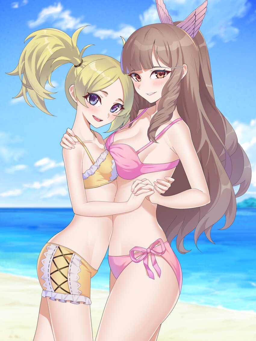 2girls, alternate_costume, baybell, beach, bikini, bikini_shorts, blonde_hair, blue_sky, blush, brown_eyes, brown_hair, cloud, commentary, commission, fire_emblem, fire_emblem_awakening, grin, highres, holding_hands, lissa_(fire_emblem), long_hair, looking_at_viewer, multiple_girls, nintendo, ocean, outdoors, pink_bikini, sand, shorts, sky, smile, sumia_(fire_emblem), swimsuit, water, yellow_bikini