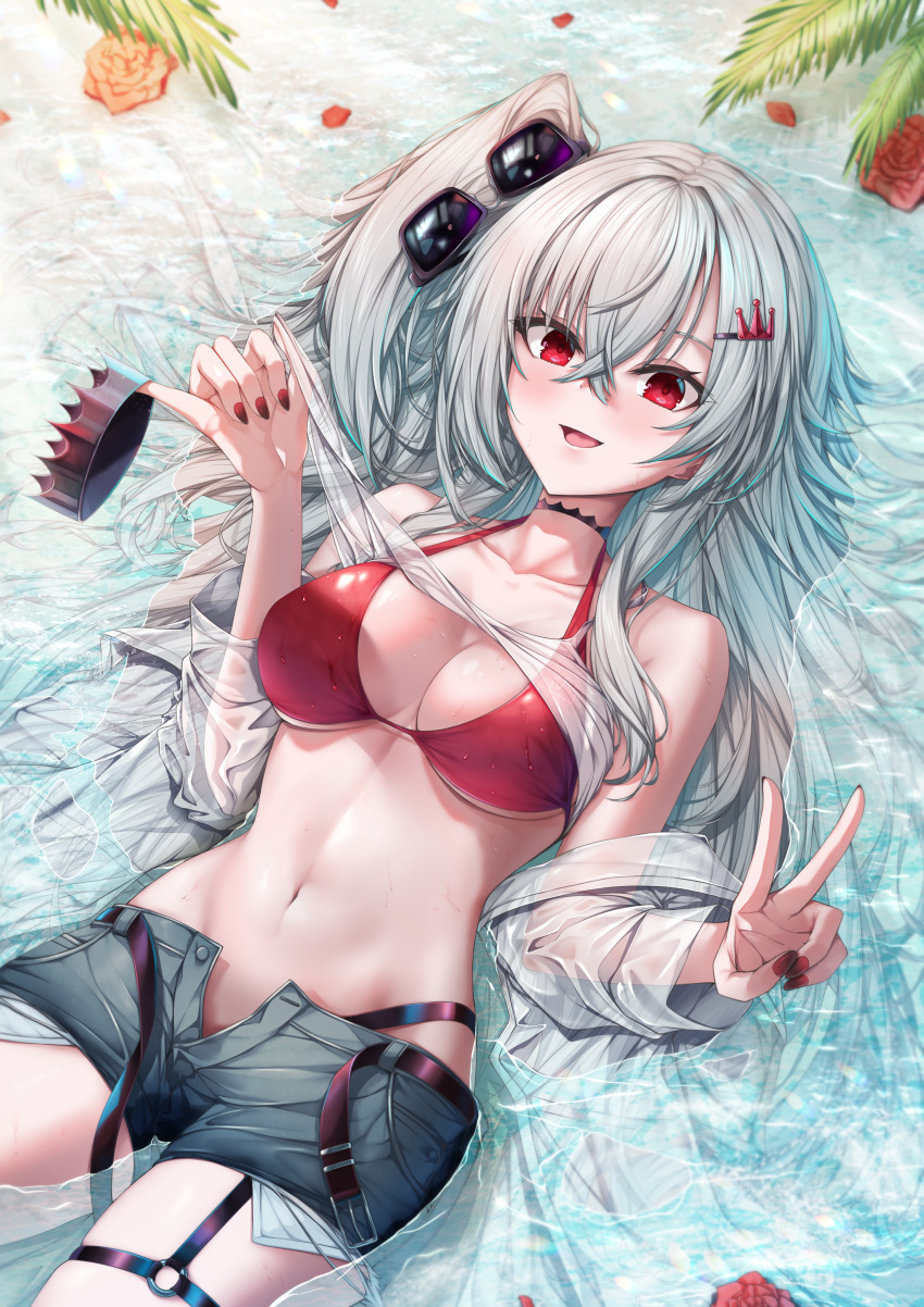 1girl, :d, absurdres, bare_shoulders, bikini, bikini_bottom_under_shorts, bikini_under_clothes, black_choker