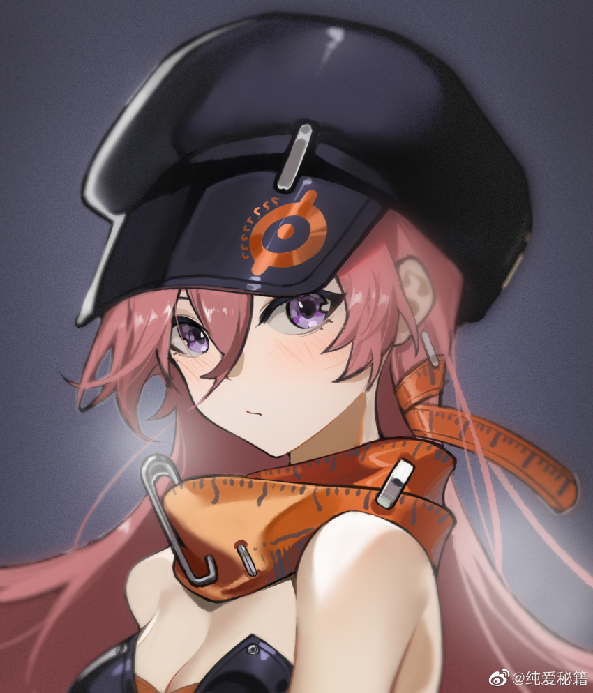 1girl, bare_shoulders, black_hat, black_jumpsuit, breasts, cleavage, grey_background, hair_between_eyes