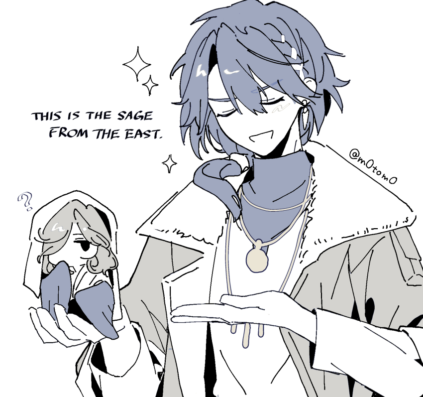 2boys, ?, blue_theme, chibi, chibi_inset, closed_eyes, coat, english_text, getian_(reverse:1999), hair_over_one_eye, hands_up, harpy_boy, headscarf, highres, holding, holding_mini_person, limited_palette, low_ponytail, medium_hair, mini_person, miniboy, monster_boy, moto_(m0tom0), multiple_boys, name_day_(reverse:1999), one_eye_covered, open_mouth, pointing, ponytail, reverse:1999, shirt, short_hair, smile, sparkle, winged_arms, wings