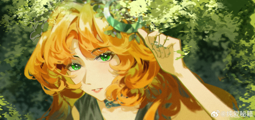 1girl, absurdres, black_dress, crescent, crescent_hair_ornament, dress, druvis_iii, green_eyes