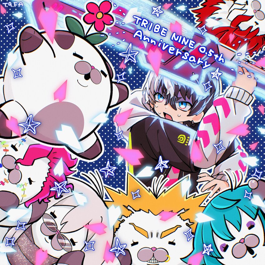 1boy, absurdres, anniversary, black_hair, black_jacket, blue_eyes, commentary_request, copyright_name