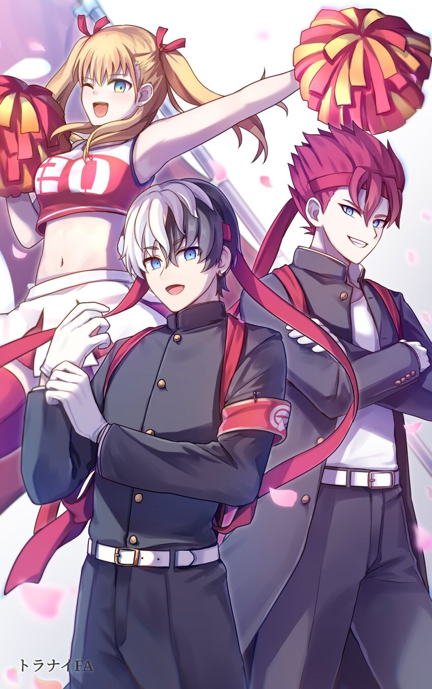 1girl, 2boys, :d, belt, black_hair, blonde_hair, blue_eyes, cali_(cali_me202)