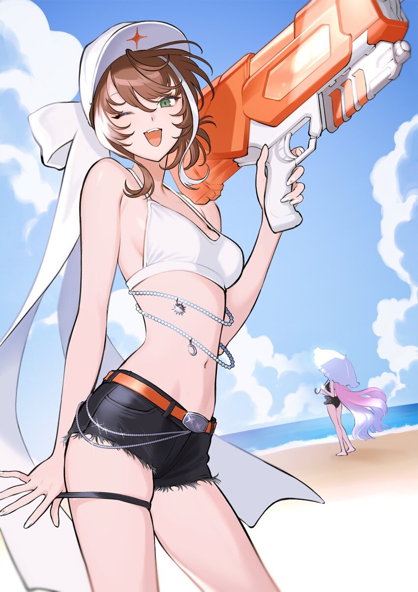 2girls, ;d, asu_(sinsekai), beach, bema_(sinsekai), bikini, bikini_top_only, black_shorts