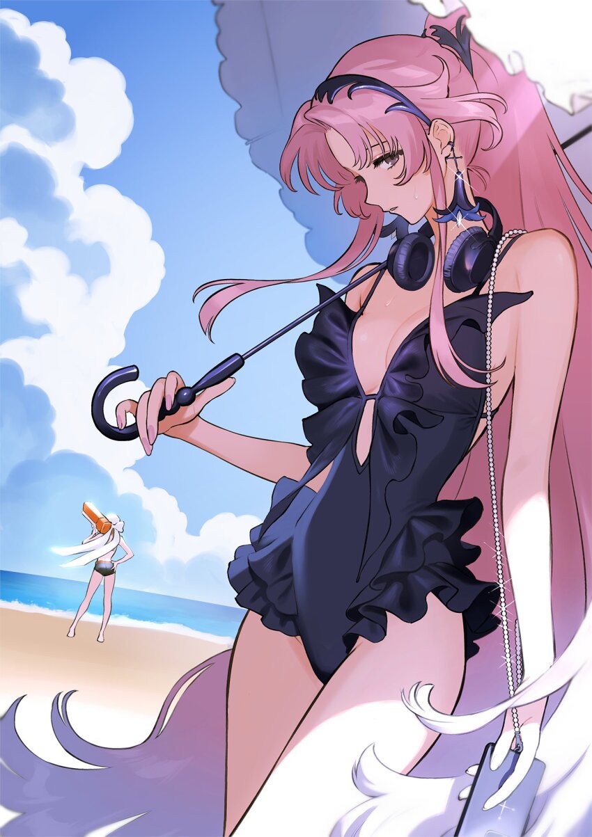 2girls, asu_(sinsekai), beach, bema_(sinsekai), black_one-piece_swimsuit, breasts, brown_eyes, cellphone, cleavage, cloud, cloudy_sky, commentary_request, cowboy_shot, day, dt_777_tb, earrings, frilled_one-piece_swimsuit, frills, hair_ornament, hand_on_own_hip, headphones, headphones_around_neck, highres, holding, holding_phone, holding_umbrella, holding_water_gun, jewelry, kamitsubaki_studio, long_hair, looking_at_viewer, medium_breasts, multiple_girls, ocean, official_art, one-piece_swimsuit, outdoors, parted_lips, phone, pink_hair, second-party_source, sinsekai_record, sky, solo_focus, sweat, swimsuit, umbrella, very_long_hair, virtual_youtuber, water_gun