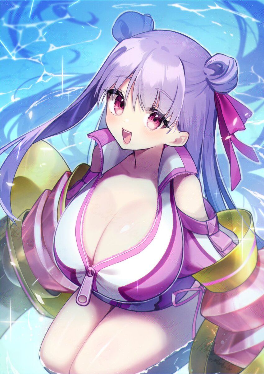 1girl, bikini, breasts, claw_(weapon), cleavage, clothing_cutout, double_bun, fate/grand_order, fate_(series), hair_bun, hair_ribbon, highres, jacket, large_breasts, light_blush, long_hair, looking_at_viewer, lucky_life_ccc, making-of_available, open_mouth, partially_submerged, partially_unzipped, passionlip_(fate), passionlip_(swimsuit_saber)_(first_ascension)_(fate), pink_eyes, pink_jacket, pink_ribbon, popped_collar, purple_hair, ribbon, seiza, shoulder_cutout, side-tie_bikini_bottom, single_sidelock, sitting, smile, solo, swimsuit, water, weapon, zipper, zipper_pull_tab