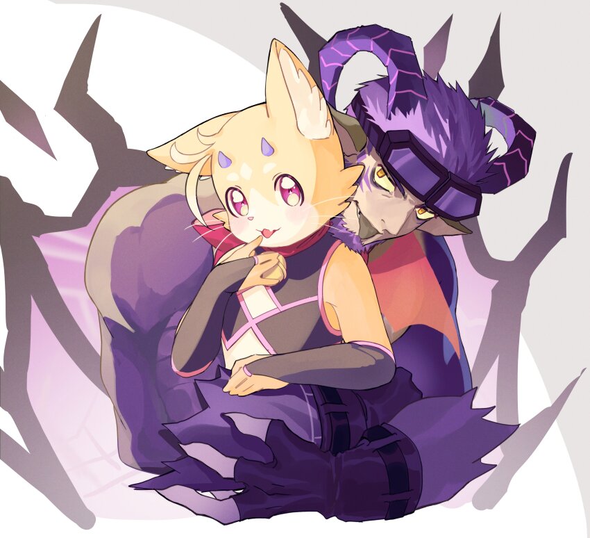 2boys, absurdres, another_eidos-r, bakoo_(another_eidos), bandana, beard, bell, bridal_gauntlets, cat_boy, charlotte_(another_eidos), curled_horns, demon_boy, facial_hair, fang, furry, furry_male, girly_boy, grey_background, grey_tongue, highres, horns, male_focus, multiple_boys, muuunya000, neck_bell, orange_eyes, pink_eyes, pointy_ears, purple_horns, red_bandana, striped_horns, yaoi