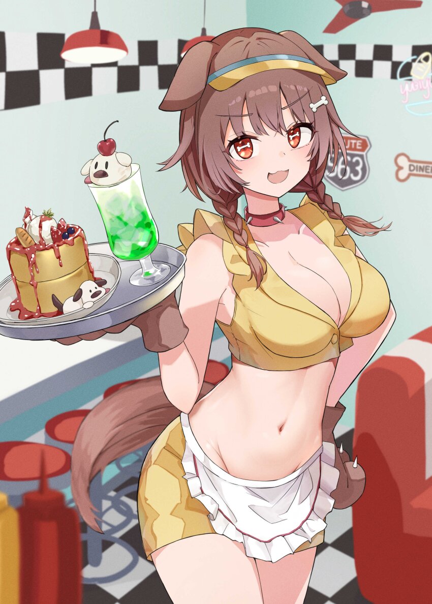 1girl, :3, :d, absurdres, animal_ears, animal_hands, apron, bar_stool