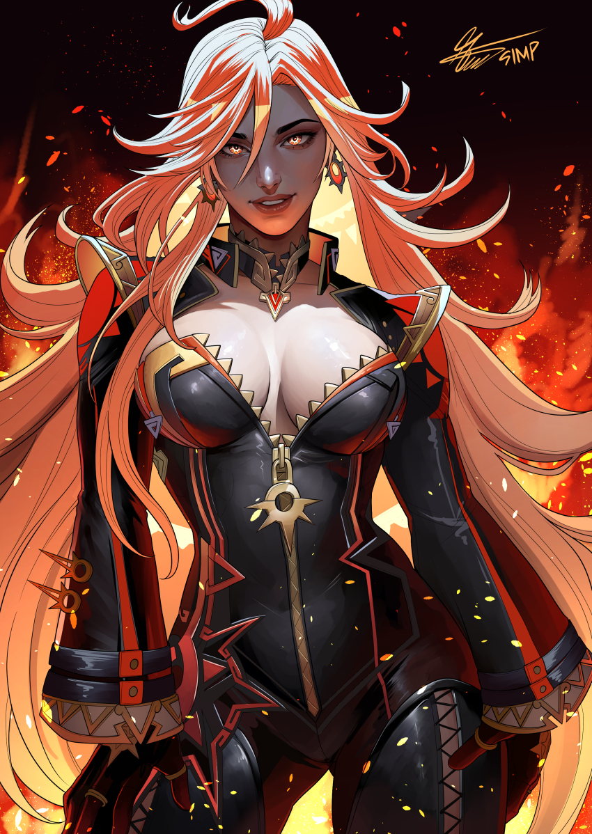 1girl, absurdres, ahoge, athenaart10150, biker_clothes, bikesuit, black_bodysuit, black_gloves, blonde_hair, bodysuit, breasts, cleavage, earrings, genshin_impact, gloves, highres, jewelry, large_breasts, long_hair, long_sleeves, looking_at_viewer, mavuika_(genshin_impact), multicolored_hair, orange_eyes, orange_hair, orange_pupils, red_hair, smile, solo, strapless_bodysuit, sun_earrings, symbol_in_eye, two-tone_hair, very_long_hair