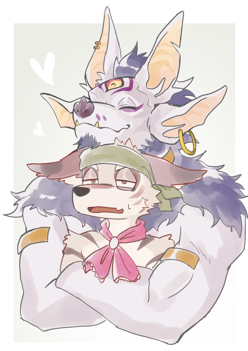 2boys, absurdres, amorey_(another_eidos), animal_ear_piercing, another_eidos-r, bandana, bara, bat_boy