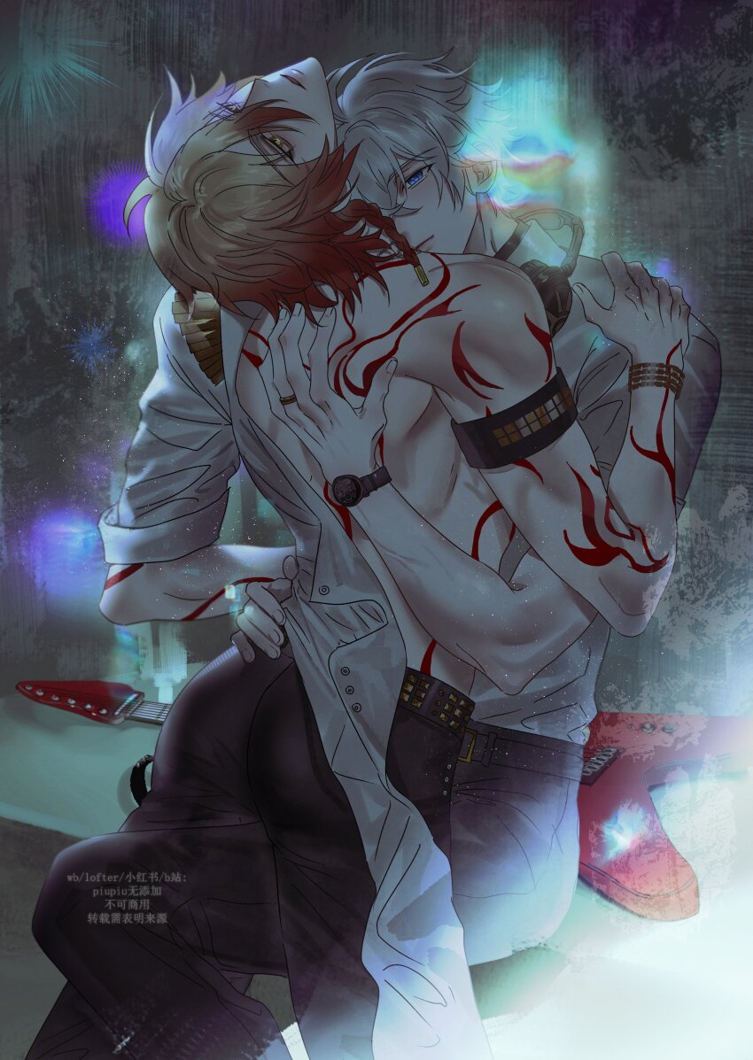 2boys, absurdres, antenna_hair, arm_tattoo, armband, back_tattoo, black_choker, black_pants, blonde_hair, blue_eyes, braid, choker, electric_guitar, gradient_hair, guitar, hashtag-only_commentary, highres, honkai:_star_rail, honkai_(series), hug, instrument, lofter_username, male_focus, medium_hair, multicolored_hair, multiple_boys, mydei_(alternate_spacetime)_(honkai:_star_rail), mydei_(honkai:_star_rail), open_clothes, open_shirt, pants, phainon_(alternate_spacetime)_(honkai:_star_rail), phainon_(honkai:_star_rail), red_hair, shirt, short_hair, side_braid, tattoo, watermark, white_hair, white_shirt, xiixiix31075929, yaoi, yellow_eyes