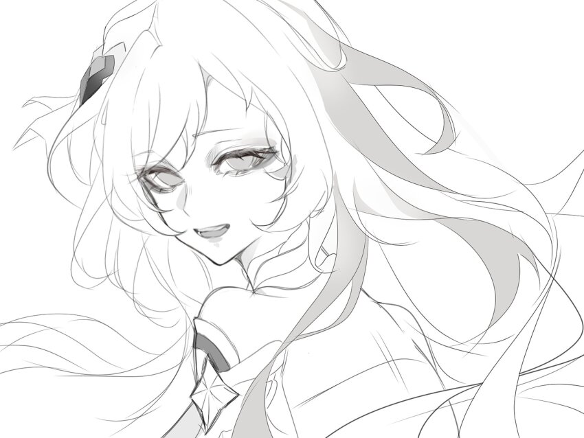 1girl, commentary, elysia_(herrscher_of_human:_ego)_(honkai_impact), elysia_(honkai_impact), english_commentary, floating_hair, greyscale, hair_ornament