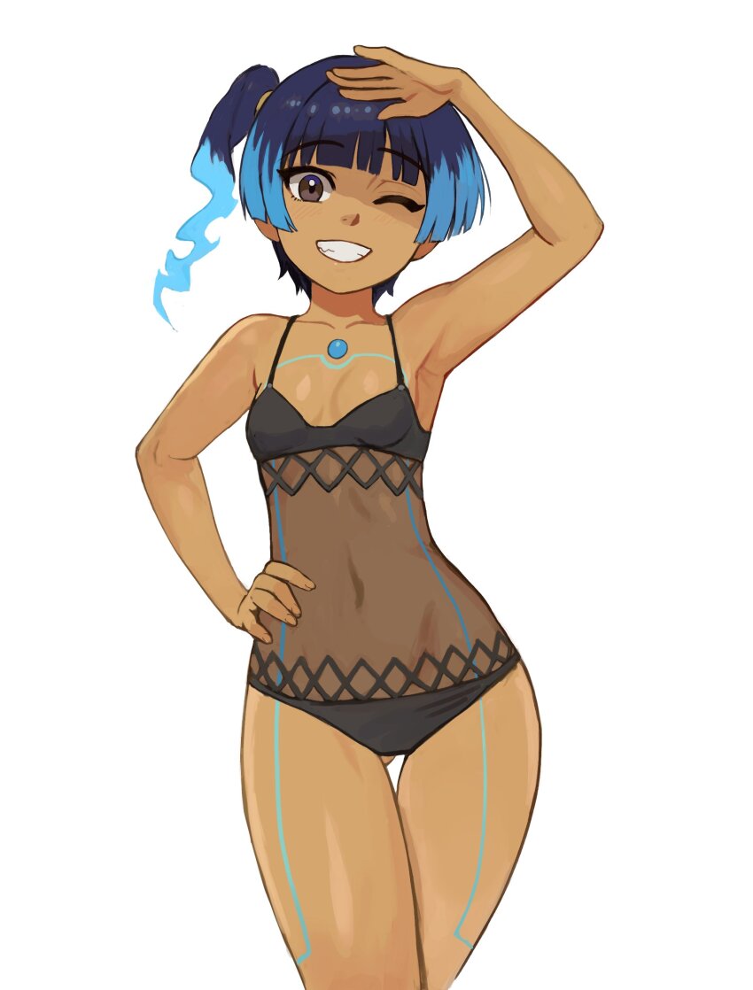 1girl, ;), absurdres, arm_up, armpits, bare_arms, bare_legs, bare_shoulders, black_one-piece_swimsuit, blue_hair, blunt_bangs, borrowed_clothes, breasts, brown_eyes, chest_jewel, collarbone, commentary, cosplay, cowboy_shot, dark_skin, diamond_(shape), english_commentary, fang, gluteal_fold, grin, hand_on_own_hip, highres, morag_ladair_(obligatory_leave)_(xenoblade), morag_ladair_(xenoblade), morag_ladair_(xenoblade)_(cosplay), multicolored_hair, navel, one-piece_swimsuit, one_eye_closed, see-through_clothes, see-through_one-piece_swimsuit, sena_(xenoblade), side_ponytail, simple_background, small_breasts, smile, solo, spaghetti_strap, stomach, swimsuit, symbol-shaped_pupils, teeth, thigh_gap, thighs, two-tone_hair, watcher_hollow, white_background, xenoblade_chronicles_(series)