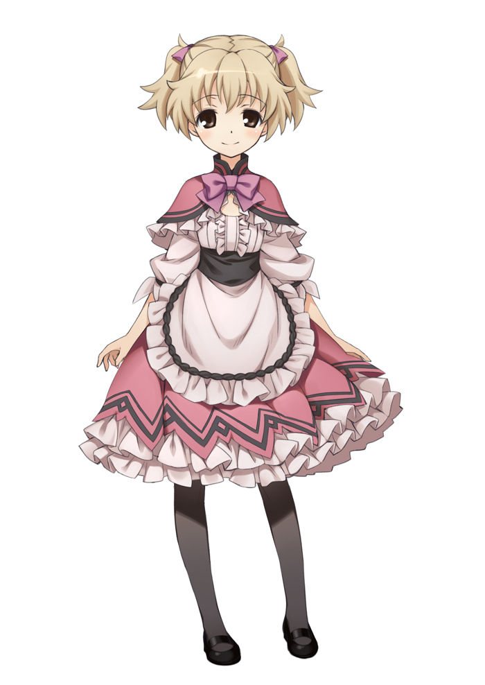 10s, 1girl, apron, black_pantyhose, blonde_hair, capelet, dress, female_focus