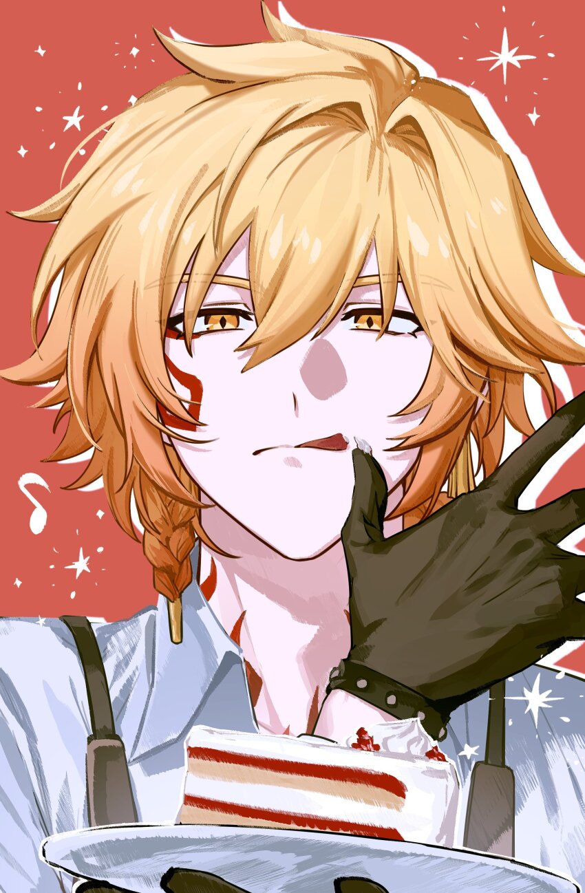 1boy, absurdres, apron, blonde_hair, braid, brown_apron, brown_gloves, cake