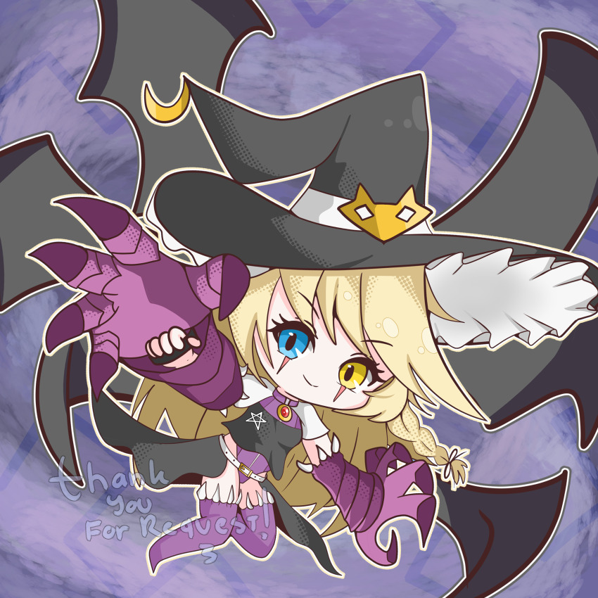 absurdres, ayasumi_(ayaslayer416), belt, blonde_hair, blue_eyes, braid, braided_ponytail, character_request, claws, commission, demon_girl, digimon, fusion, gloves, hat, heterochromia, highres, kirisame_marisa, looking_at_viewer, pixiv_commission, smile, touhou, warudamon, witch, witch_hat, witchmon, yellow_eyes