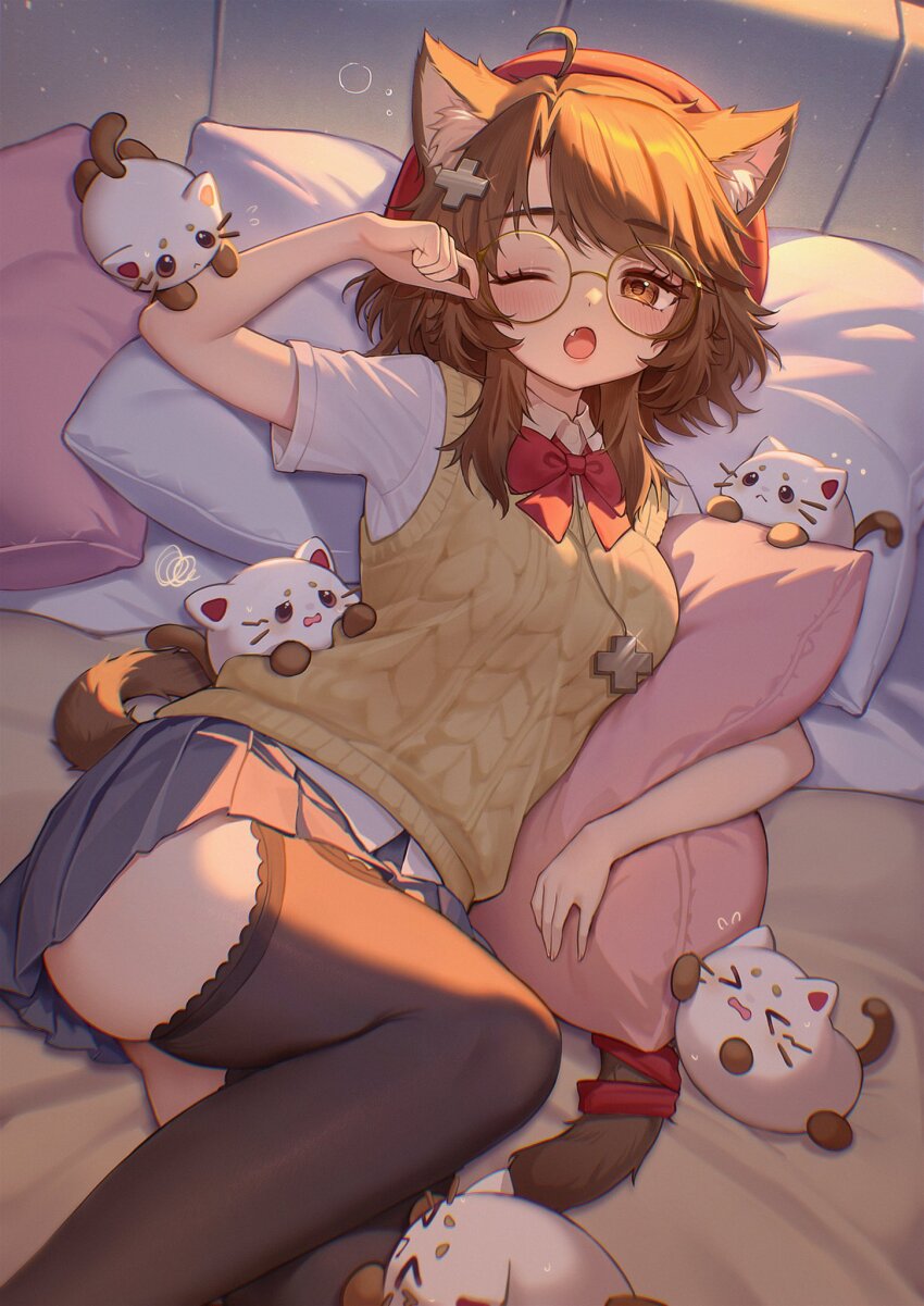 >_<, 1girl, :<, ;o, ahoge, animal_ear_fluff, animal_ears, black_skirt, black_thighhighs, bow, bowtie, brown_eyes, brown_hair, brown_sweater_vest, cat, cat_ears, cat_girl, cat_tail, collared_shirt, commentary, commission, english_commentary, fang, glasses, hat, highres, indie_virtual_youtuber, lying, medium_hair, miaelou, miniskirt, multiple_cats, on_side, one_eye_closed, open_mouth, pillow, pleated_skirt, qiu_ju, red_bow, red_bowtie, red_hat, round_eyewear, shirt, short_hair, skirt, solo, squeans, squiggle, sweater_vest, tail, thighhighs, thighs, vgen_commission, virtual_youtuber, waking_up, white_shirt