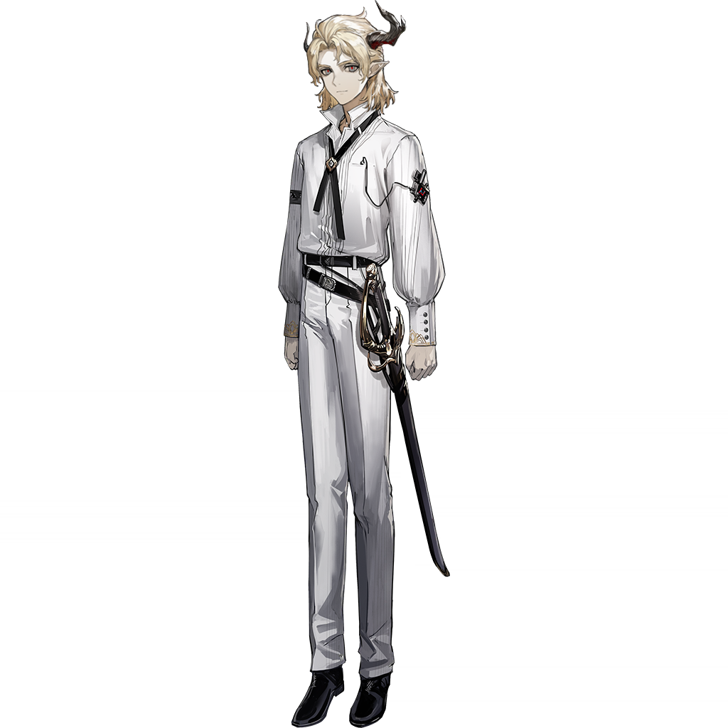 1boy, arknights, asymmetrical_horns, belt, black_horns, black_shoes, blonde_hair, demon_boy, expressionless, full_body, horns, manfred_(arknights), manfred_(young)_(arknights), medium_hair, official_art, pants, pointy_ears, ryuuzaki_ichi, sheath, sheathed, shirt, shoes, tachi-e, third-party_source, transparent_background, uneven_horns, white_pants, white_shirt