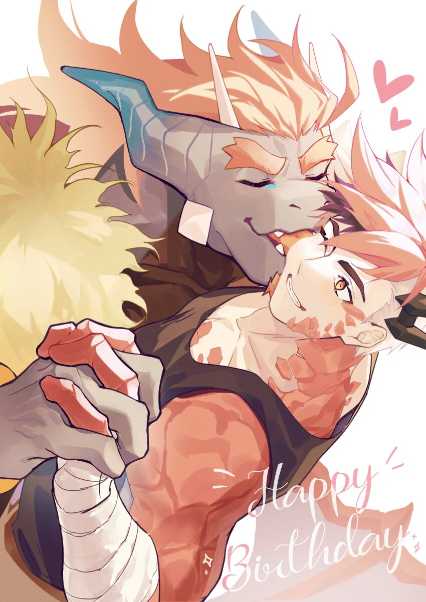 2boys, absurdres, another_eidos-r, bara, barboros_(another_eidos), black_tank_top, closed_eyes, dragon_boy