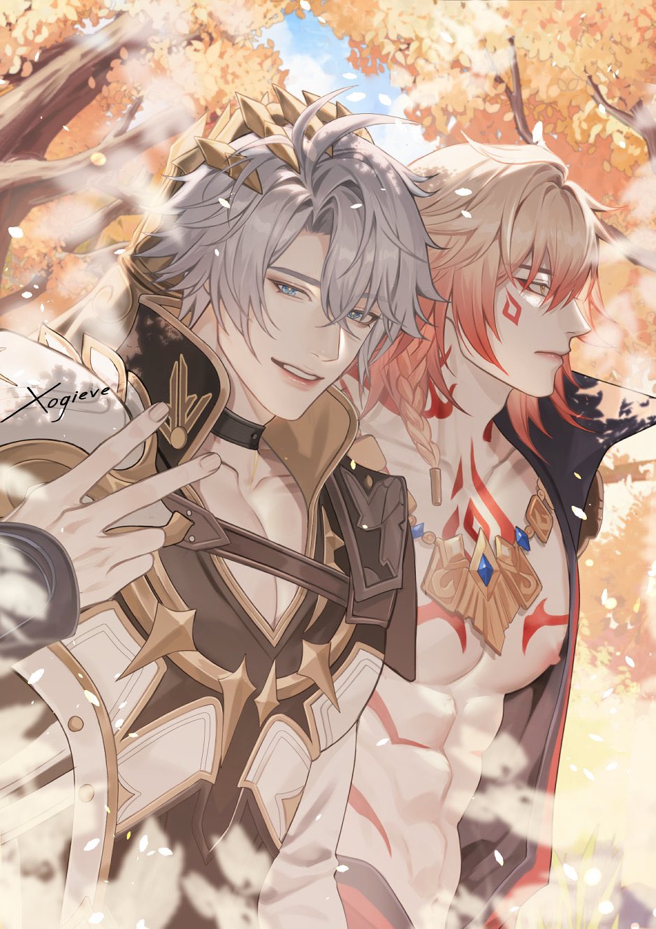 2boys, abs, antenna_hair, armor, artist_name, bare_pectorals, black_choker, black_coat