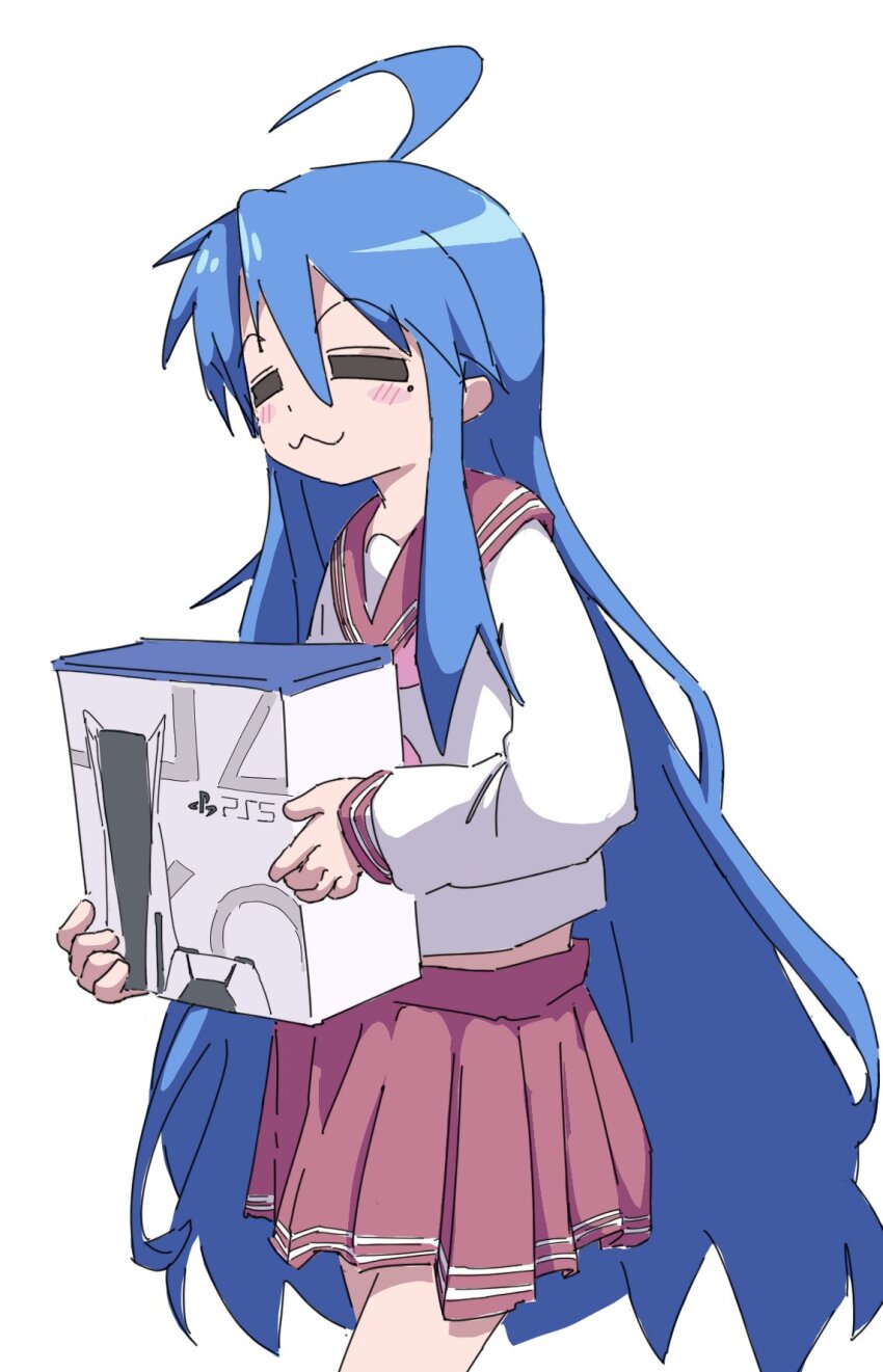:3, =_=, ahoge, blue_hair, blush, box, closed_eyes, game_console