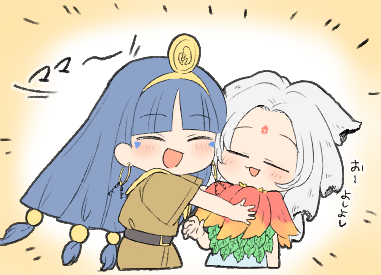 2girls, black_hair, blue_hair, blue_skirt, blunt_bangs, brown_shirt, brown_shorts, colored_tips