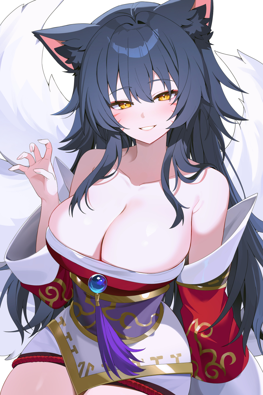 1girl, absurdres, ahri_(league_of_legends), animal_ear_fluff, animal_ears, bare_shoulders, black_hair, breasts, claw_pose, cleavage, collarbone, detached_sleeves, dress, facial_hair, facial_mark, fingernails, fox_ears, fox_girl, fox_tail, grin, highres, kitsune, korean_clothes, kyuubi, large_breasts, league_of_legends, long_fingernails, long_hair, looking_at_viewer, multiple_tails, pelicana, simple_background, smile, solo, tail, thighs, whisker_markings, white_background, yellow_eyes