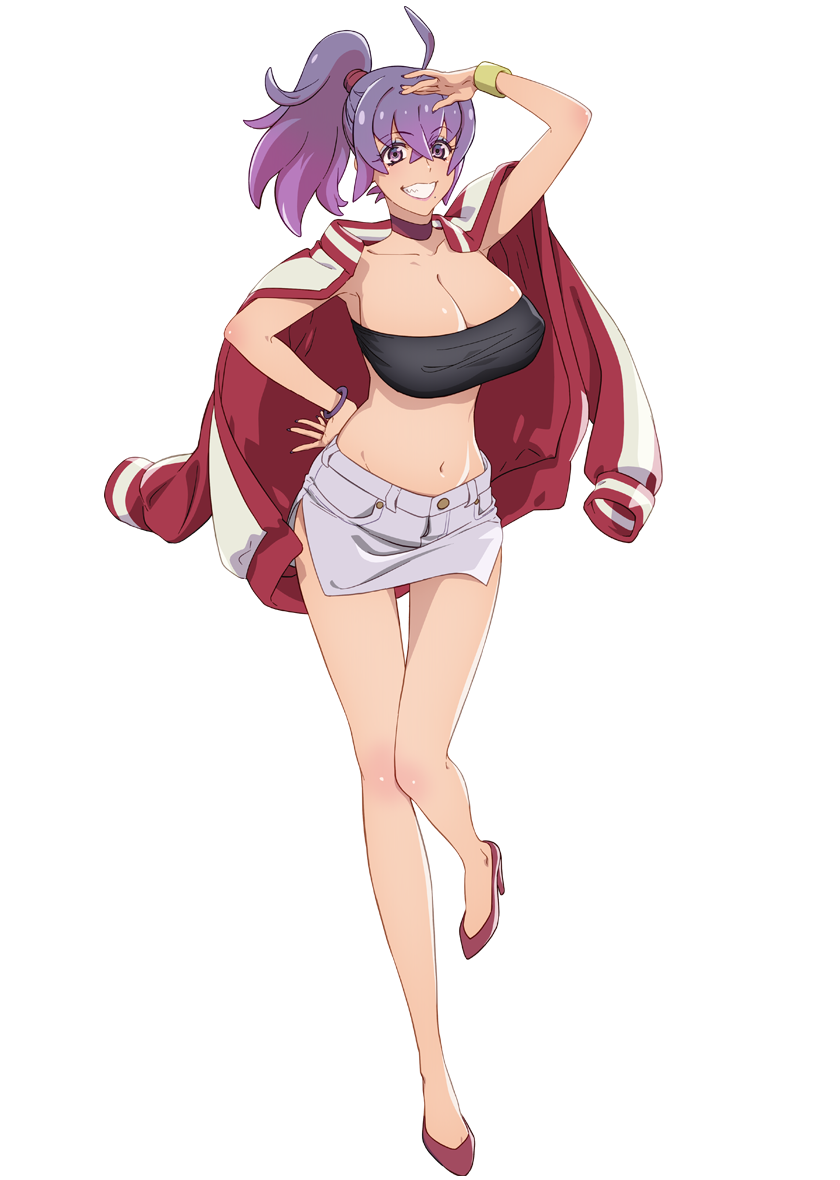 1girl, ahoge, anime_coloring, arima_ryouta, arm_up, armlet, armpits, bare_shoulders, black_tube_top, breasts, choker, cleavage, collarbone, covered_erect_nipples, crossed_bangs, full_body, hair_between_eyes, hand_on_own_hip, high_heels, high_ponytail, huge_breasts, jacket, jewelry, lipstick, long_hair, looking_at_viewer, makeup, mayonaka_punch, mole, mole_under_mouth, narrow_waist, navel, official_art, open_mouth, ponytail, purple_choker, purple_eyes, purple_hair, purple_nails, red_jacket, short_shorts, shorts, side_slit, simple_background, smile, solo, standing, standing_on_one_leg, strapless, tareme, teeth, thighs, tokage_(mayonaka_punch), transparent_background, tube_top, wristband