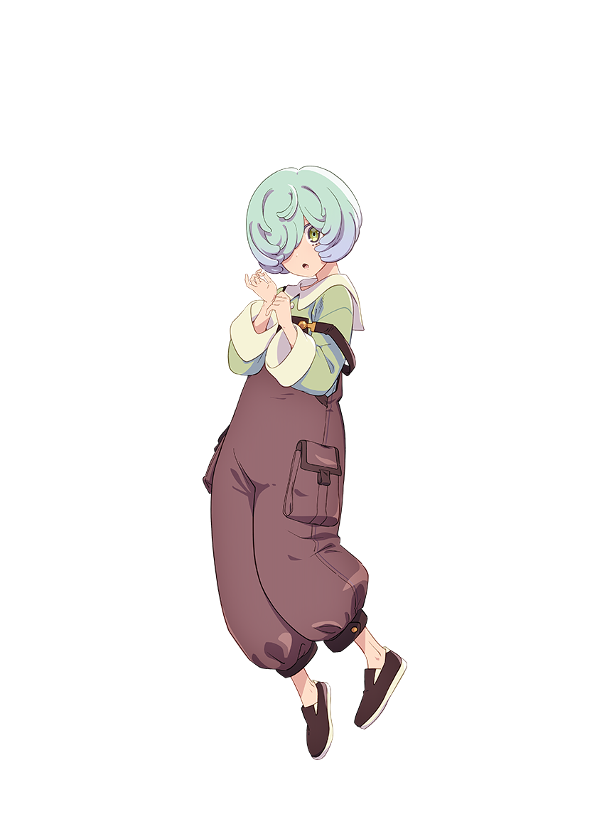 1girl, :o, anime_coloring, arima_ryouta, blue_hair, bob_cut, brown_overalls, brown_shoes