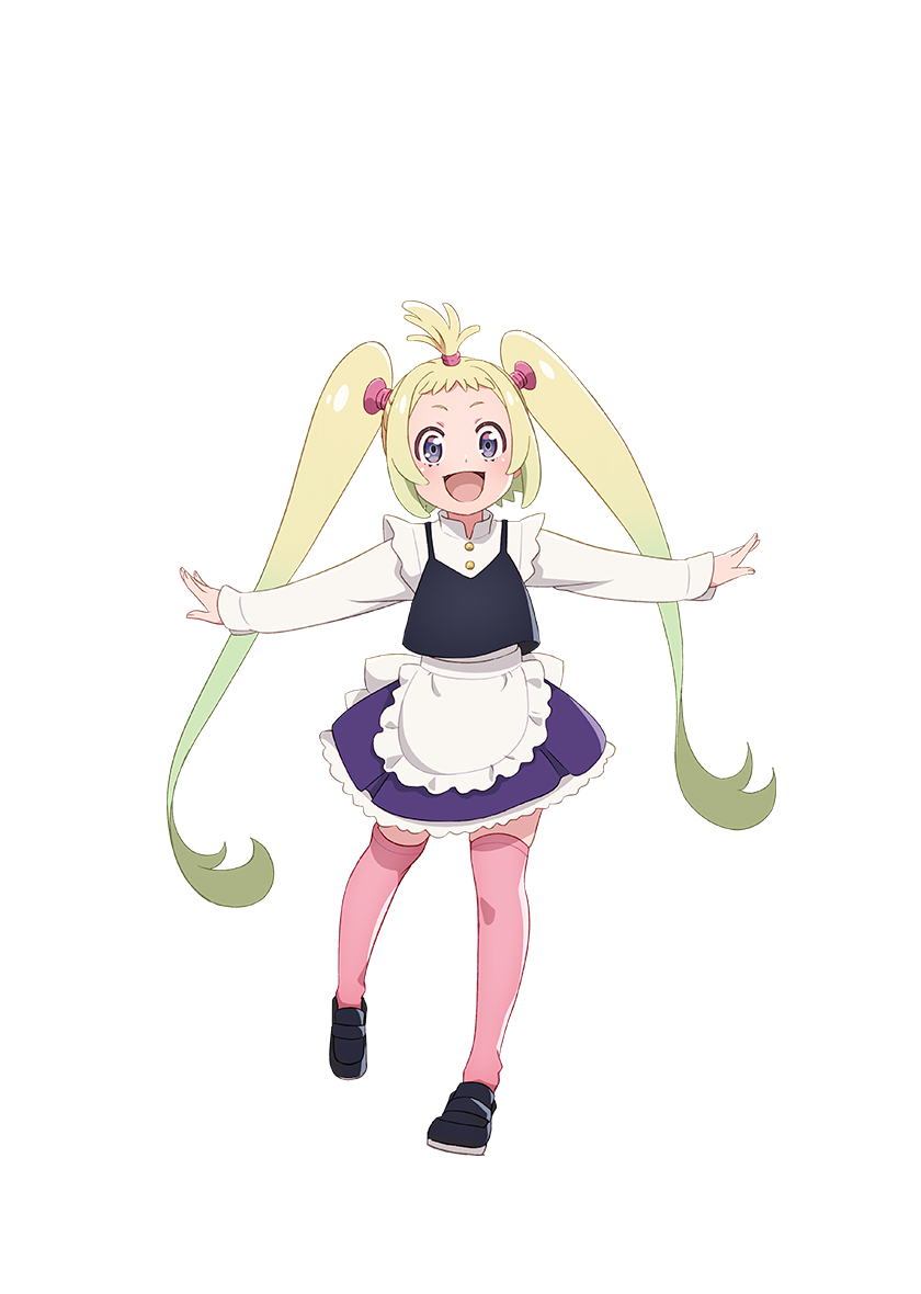 1girl, :d, anime_coloring, apron, arima_ryouta, black_camisole, black_shoes, blonde_hair