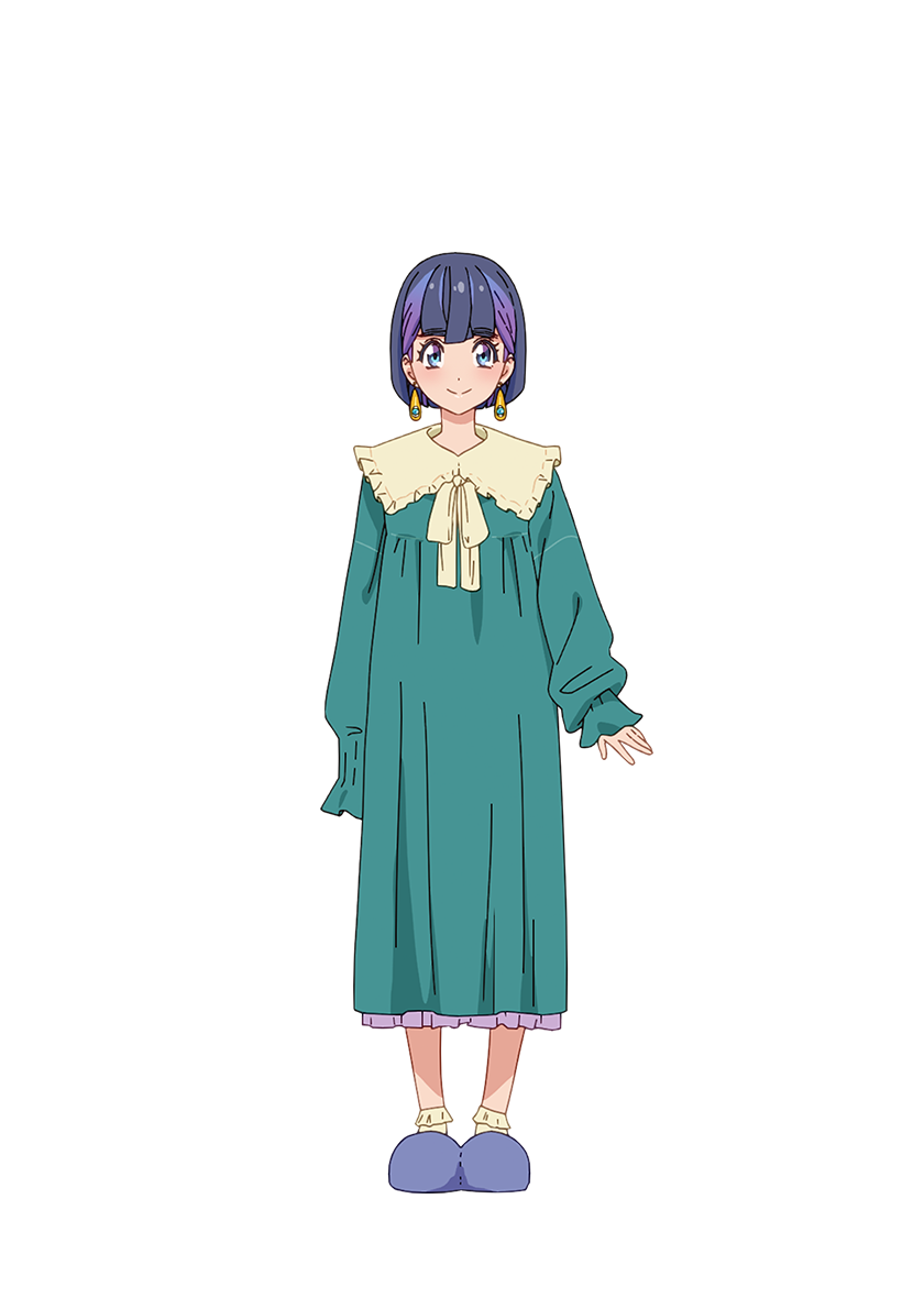 1girl, anime_coloring, arima_ryouta, blue_eyes, blue_hair, blue_slippers, closed_mouth, earrings