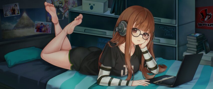 1girl, absurdres, ass, bare_legs, barefoot, bedroom, behind-the-head_headphones, black_shirt, black_shorts, borschxo, breasts, brown_eyes, brown_hair, closed_mouth, computer, elbow_rest, full_body, glasses, headphones, highres, isshiki_wakaba, laptop, long_hair, looking_at_viewer, lying, niijima_makoto, okumura_haru, on_bed, on_stomach, persona, persona_5, photo_(object), poster_(object), pyramid_(structure), sakura_futaba, sakura_soujirou, shirt, short_shorts, shorts, solo, striped_sleeves, takamaki_anne, the_pose, thighs, tokusatsu
