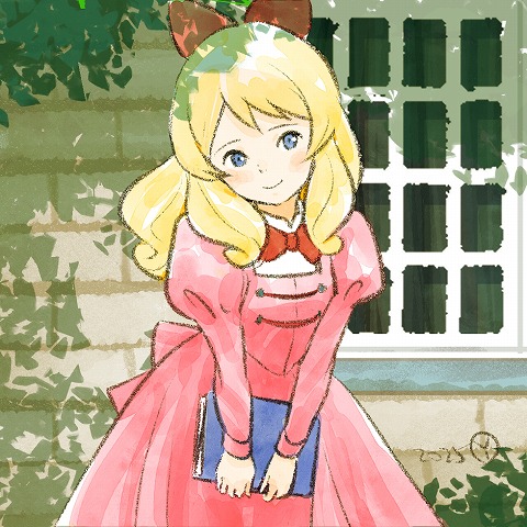 1girl, bianca_martini, blonde_hair, blue_eyes, book, bow, bowtie, closed_mouth