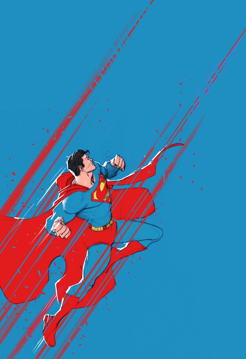 1boy, absurdres, arms_up, belt, black_hair, blue_background, blue_bodysuit, bodysuit, boots, cape, clenched_hand, commentary, dc_comics, english_commentary, from_side, full_body, highres, juaneferreyra, limited_palette, male_focus, motion_blur, red_boots, red_cape, short_hair, solo, superman, superman_(series), superman_logo, yellow_belt