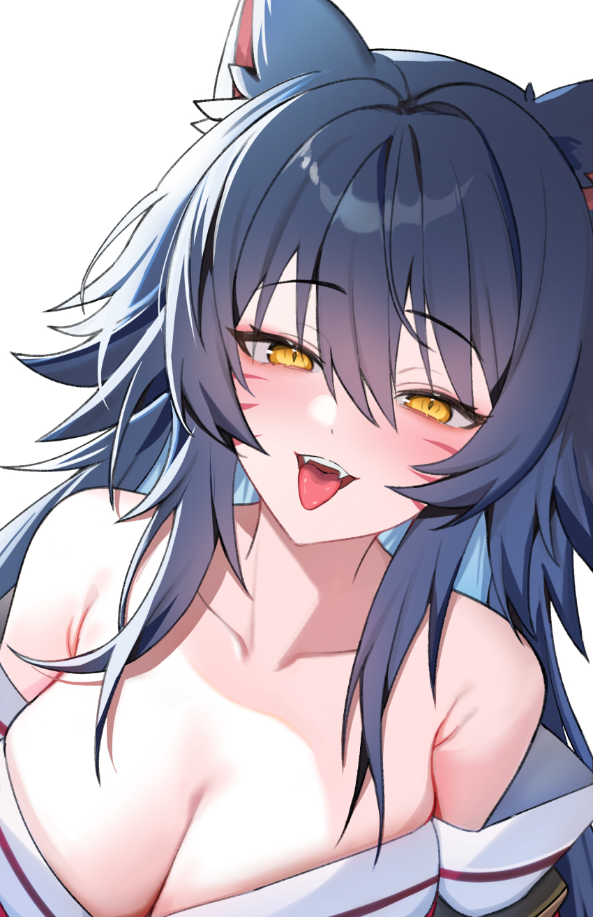 1girl, absurdres, ahri_(league_of_legends), animal_ear_fluff, animal_ears, black_hair, blush, breasts