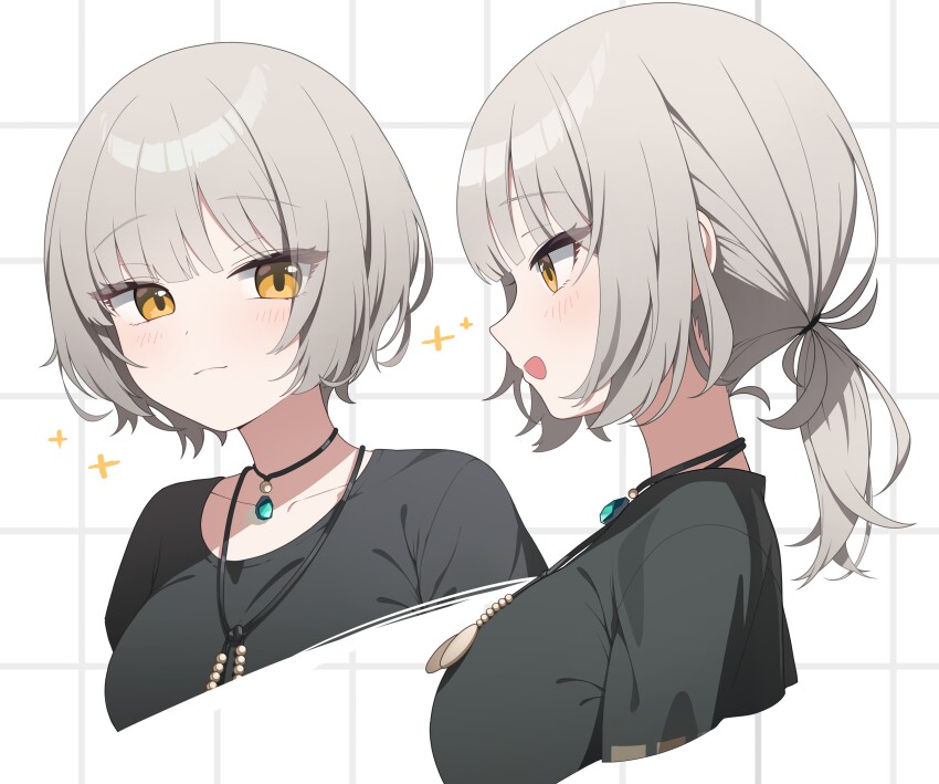 1girl, :3, absurdres, black_choker, black_shirt, blush, blush_stickers, breasts