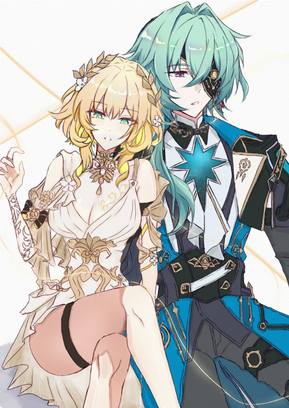 1boy, 1girl, aglaea_(honkai:_star_rail), anaxa_(honkai:_star_rail), ancient_greek_clothes, black_jacket, black_pants, blonde_hair