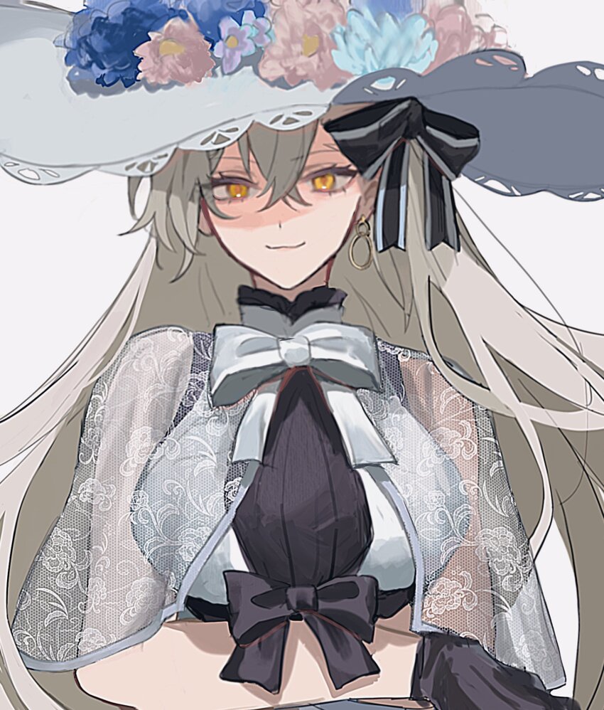 1girl, black_gloves, black_ribbon, commentary_request, crossed_bangs, dress, fate/grand_order, fate_(series)