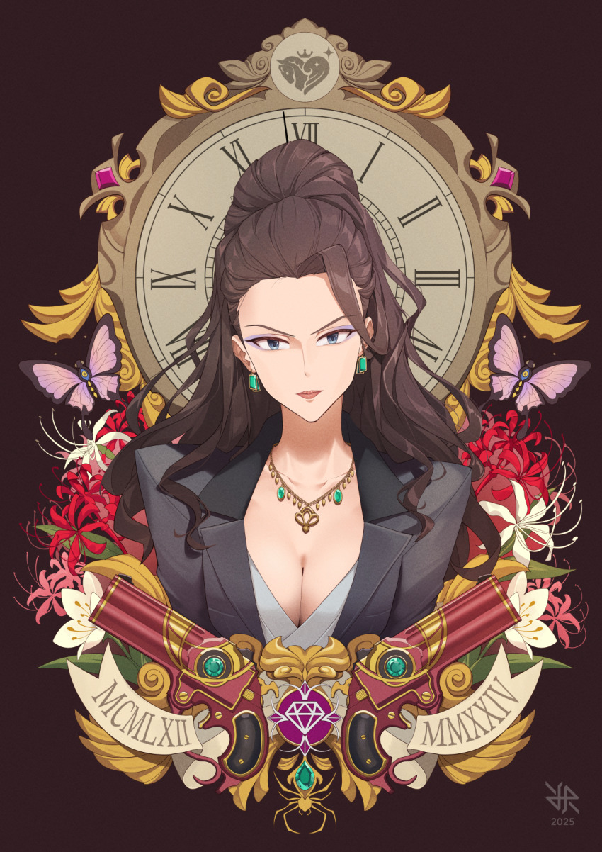 1girl, 2025, analog_clock, artist_logo, bayonetta, bayonetta_(series), bayonetta_1, black_jacket, breasts, brown_hair, bug, butterfly, cleavage, clock, diamond_(shape), earrings, executive_mishiro, grey_eyes, grey_shirt, highres, hiroki_ree, idolmaster, idolmaster_cinderella_girls, insect, jacket, jewelry, lips, logo, long_hair, looking_at_viewer, luz_(utaite), medium_breasts, necklace, shirt, solo