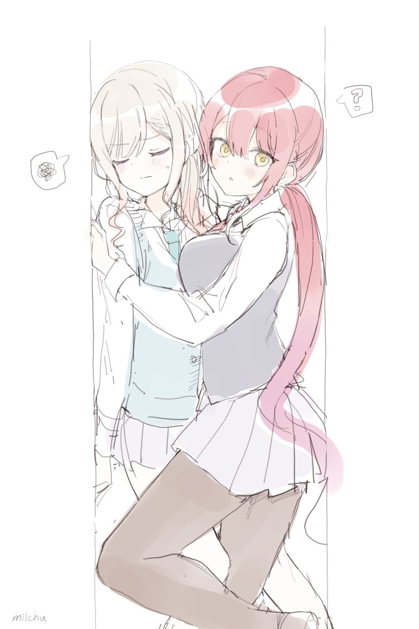 2girls, ?, bad_girl_(manga), black_pantyhose, blonde_hair, blue_sweater_vest, blush, breast_press