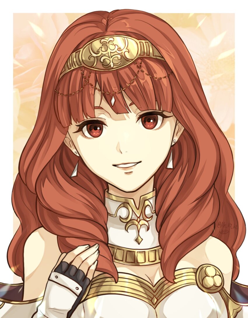 1girl, ak_87_kt, armor, bare_shoulders, black_gloves, border, breasts, celica_(fire_emblem)