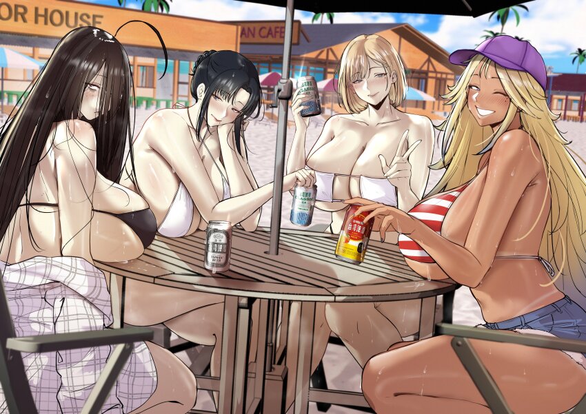 4girls, absurdres, ahoge, beach, beer_can, bikini, black_bikini, black_hair, blonde_hair, blue_sky, borrowed_character, braid, breasts, can, cleavage, dark-skinned_female, dark_skin, day, drink_can, eve_(puzenketsu), eyepatch_bikini, gyaru, hair_between_eyes, hair_bun, highres, holding, holding_can, honey_(puzenketsu), huge_breasts, long_hair, mature_female, mole, mole_under_eye, mole_under_mouth, multiple_girls, nina_hong_(xter), nush_(xter), onee_gyaru, original, palm_tree, parasol, puzenketsu, sand, sideboob, sidelocks, sky, striped_bikini, striped_clothes, swimsuit, tree, umbrella, v, vertical-striped_bikini, vertical-striped_clothes, very_long_hair, white_bikini