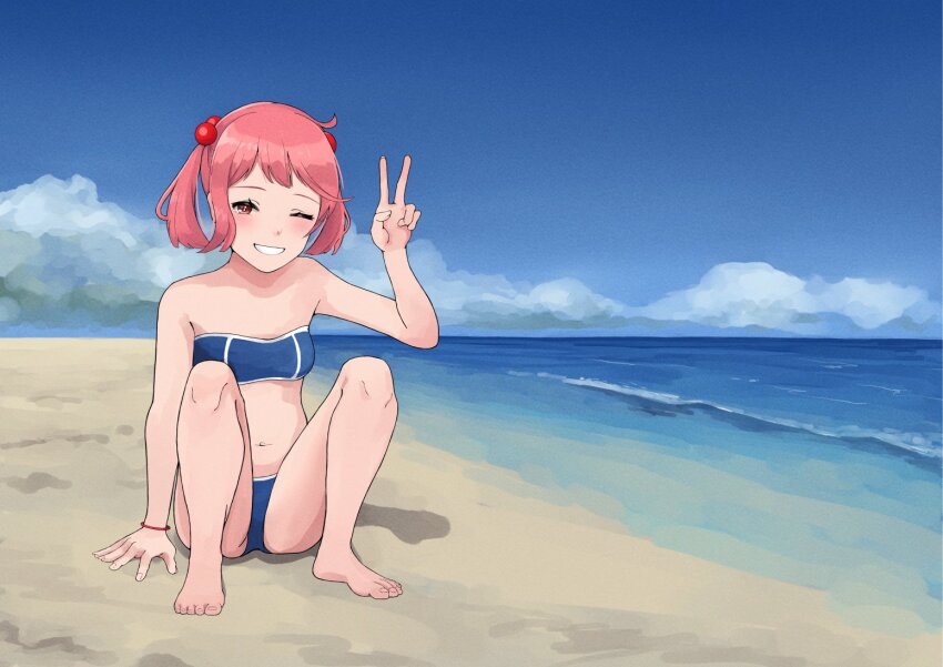1girl, barefoot, beach, bikini, blue_bikini, blue_sky, cloud, commentary_request