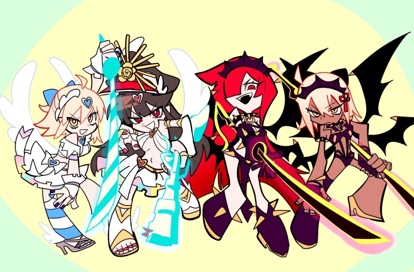 4girls, ahoge, angel_wings, black_hair, blonde_hair, cosplay, dark-skinned_female, dark_skin