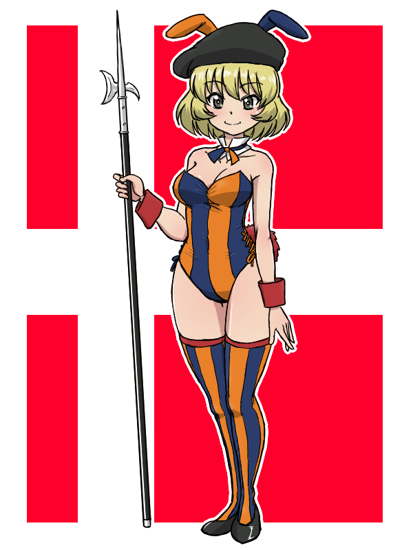1girl, animal_ears, blonde_hair, blush, breasts, brown_eyes, cleavage, closed_mouth, cyuuritsu_school_uniform, fake_animal_ears, fake_tail, girls_und_panzer, hat, large_breasts, leotard, looking_at_viewer, pike_(weapon), playboy_bunny, polearm, rabbit_ears, rabbit_tail, school_uniform, senju_(girls_und_panzer), short_hair, smile, solo, striped_clothes, striped_leotard, striped_thighhighs, swiss_flag, tail, takahashi_kurage, thighhighs, weapon