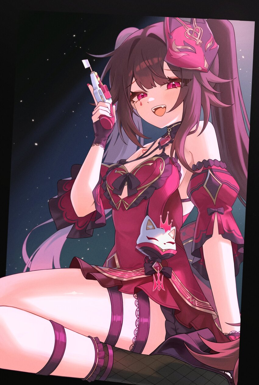 1girl, absurdres, black_background, black_gloves, breasts, brown_hair, dress, facial_mark