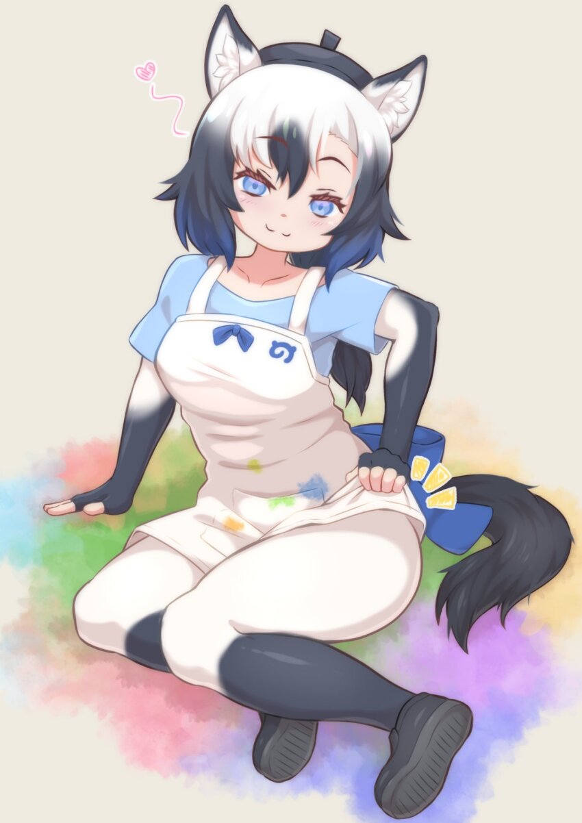 :3, animal_ears, apron, back_bow, beret, black_gloves, black_hat, black_pantyhose